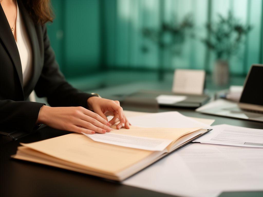 Abogada revisando documentación legal en una mesa de trabajo moderna en Madrid