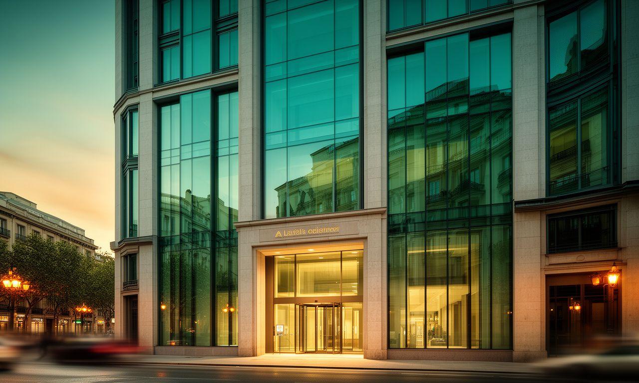 Elegant legal office exterior on Paseo de la Castellana in Madrid with glass frontage and evening reflections