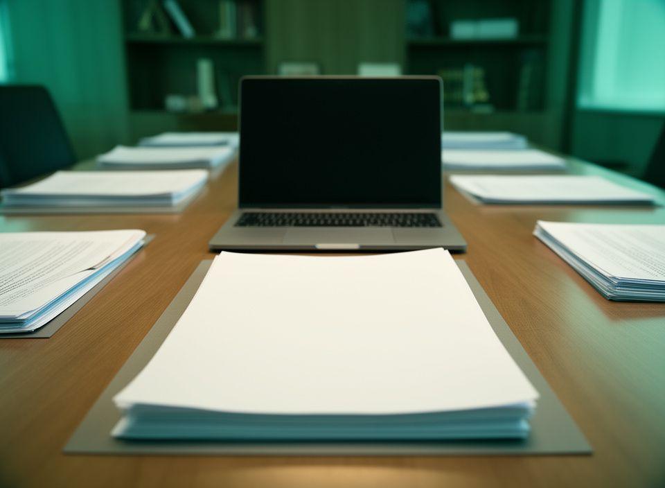 Mesa de reunión con documentos legales, portátil abierto y ambiente profesional sobrio