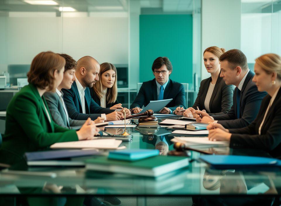 Legal team gathered in a modern Madrid office with case files on a glass table