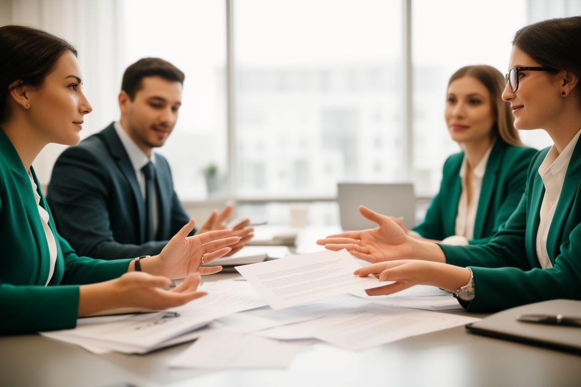 Equipo legal revisando un expediente en una sala de reuniones moderna con luz natural